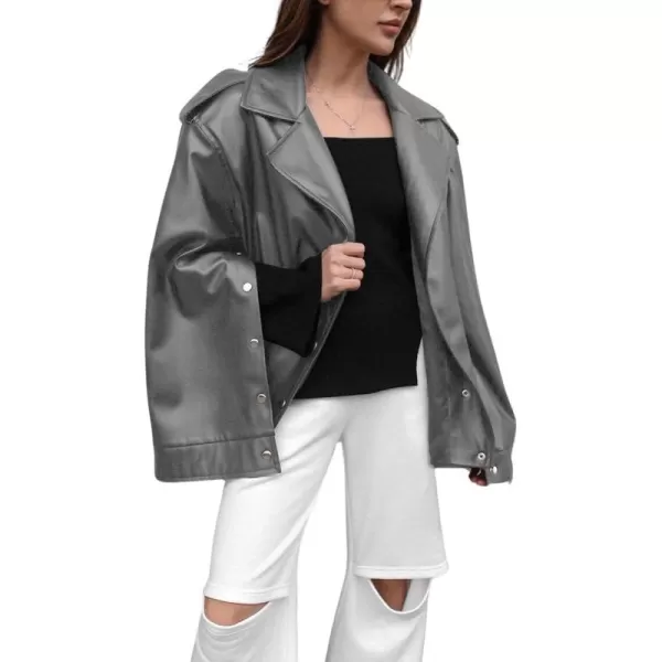 chouyatou Womens Oversized Sherpa Lined Faux Leather Jacket Notch Lapel Motocycle Jacket ShacketGrey