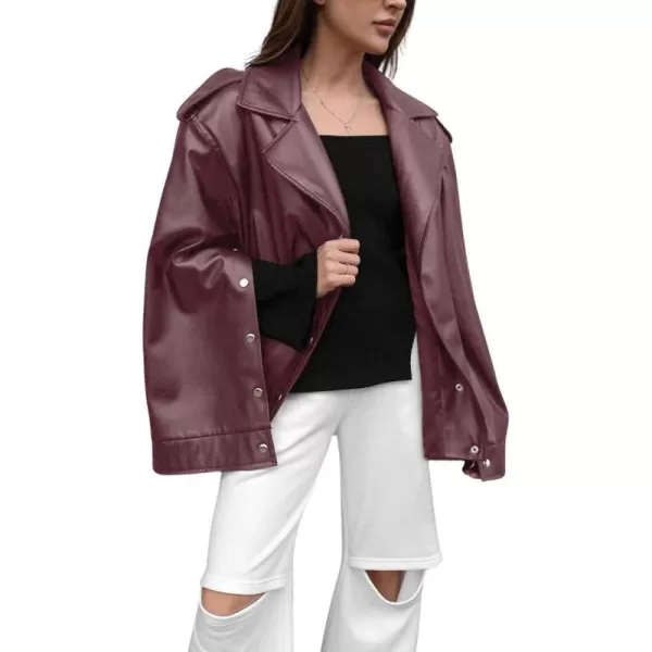 chouyatou Womens Oversized Sherpa Lined Faux Leather Jacket Notch Lapel Motocycle Jacket ShacketWine Red