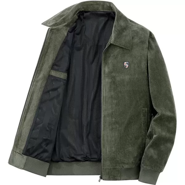 chouyatou Mens Vintage Lapel Collar Zip Up Long Sleeve Utility Corduroy Bomber JacketArmy Green