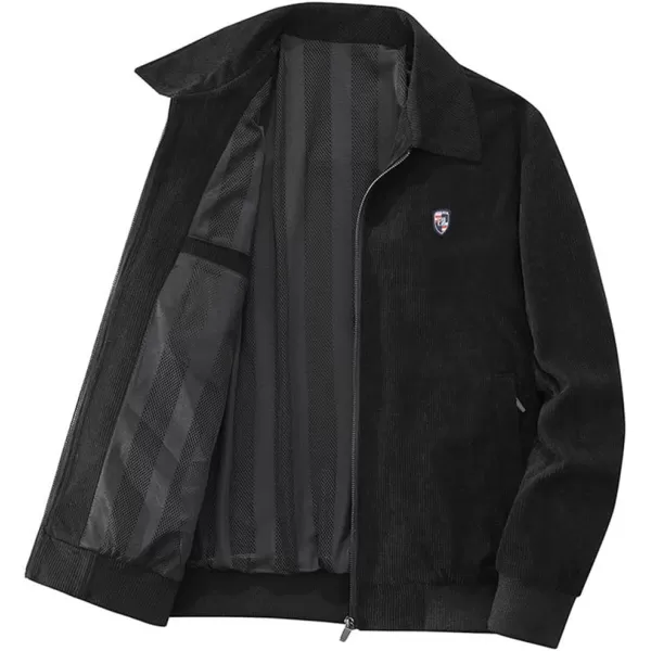 chouyatou Mens Vintage Lapel Collar Zip Up Long Sleeve Utility Corduroy Bomber JacketBlack