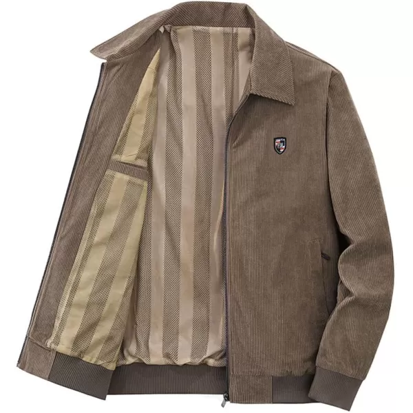 chouyatou Mens Vintage Lapel Collar Zip Up Long Sleeve Utility Corduroy Bomber JacketCoffee Brown