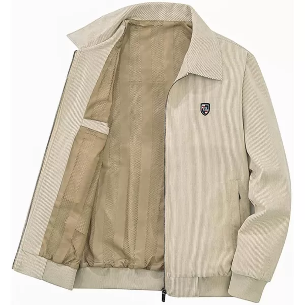chouyatou Mens Vintage Lapel Collar Zip Up Long Sleeve Utility Corduroy Bomber JacketKhaki