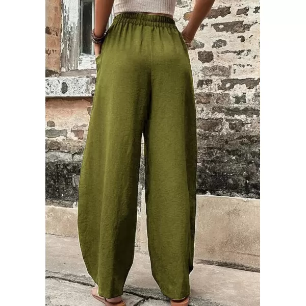 chouyatou Womens Casual Wide Leg Palazzo Cotton Linen Pants Fashion Elastic High Waist Harem PantsArmy Green
