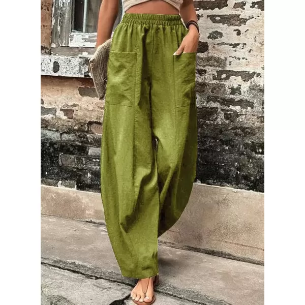 chouyatou Womens Casual Wide Leg Palazzo Cotton Linen Pants Fashion Elastic High Waist Harem PantsArmy Green