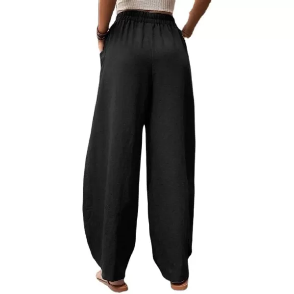 chouyatou Womens Casual Wide Leg Palazzo Cotton Linen Pants Fashion Elastic High Waist Harem PantsBlack