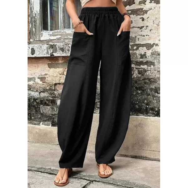 chouyatou Womens Casual Wide Leg Palazzo Cotton Linen Pants Fashion Elastic High Waist Harem PantsBlack