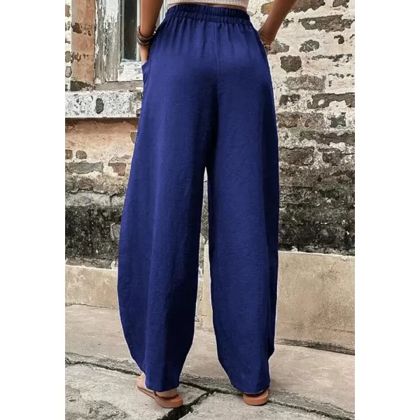 chouyatou Womens Casual Wide Leg Palazzo Cotton Linen Pants Fashion Elastic High Waist Harem PantsBlue