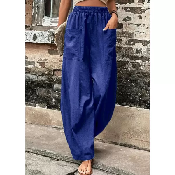 chouyatou Womens Casual Wide Leg Palazzo Cotton Linen Pants Fashion Elastic High Waist Harem PantsBlue