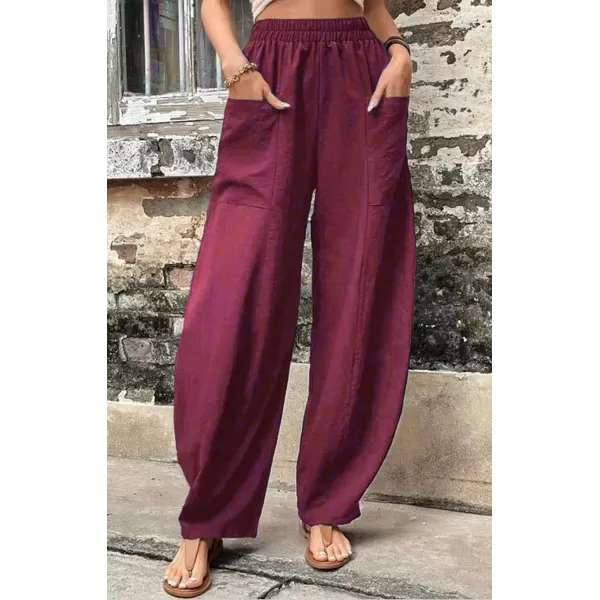 chouyatou Womens Casual Wide Leg Palazzo Cotton Linen Pants Fashion Elastic High Waist Harem PantsDark Red