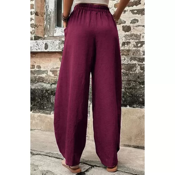 chouyatou Womens Casual Wide Leg Palazzo Cotton Linen Pants Fashion Elastic High Waist Harem PantsDark Red