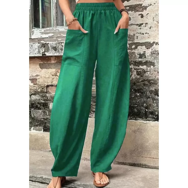 chouyatou Womens Casual Wide Leg Palazzo Cotton Linen Pants Fashion Elastic High Waist Harem PantsEmerald Green