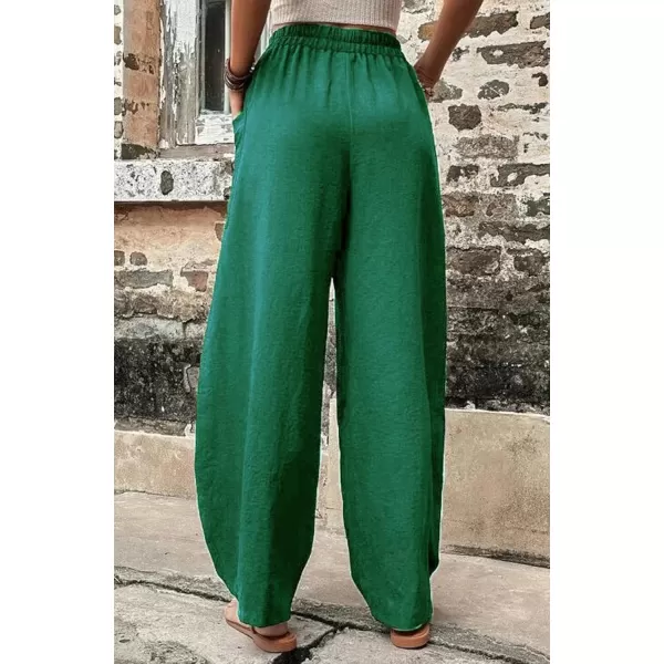 chouyatou Womens Casual Wide Leg Palazzo Cotton Linen Pants Fashion Elastic High Waist Harem PantsEmerald Green