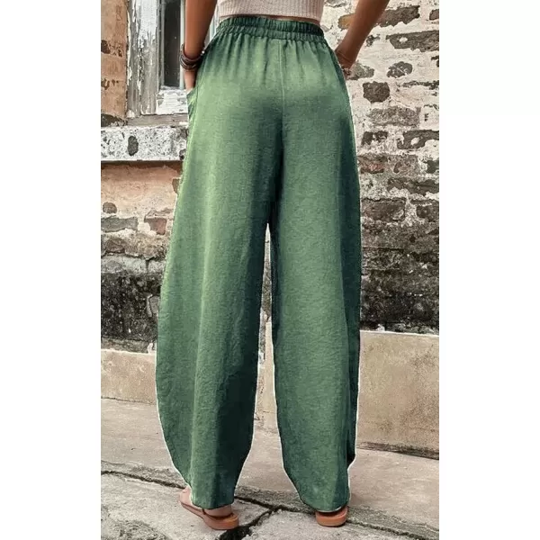chouyatou Womens Casual Wide Leg Palazzo Cotton Linen Pants Fashion Elastic High Waist Harem PantsGreen