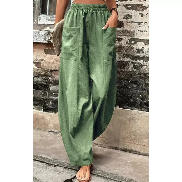 chouyatou Womens Casual Wide Leg Palazzo Cotton Linen Pants Fashion Elastic High Waist Harem PantsGreen