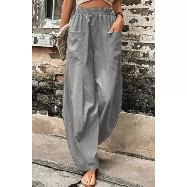 chouyatou Womens Casual Wide Leg Palazzo Cotton Linen Pants Fashion Elastic High Waist Harem PantsGrey