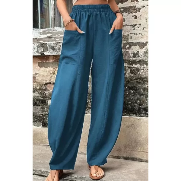 chouyatou Womens Casual Wide Leg Palazzo Cotton Linen Pants Fashion Elastic High Waist Harem PantsMalachite Blue
