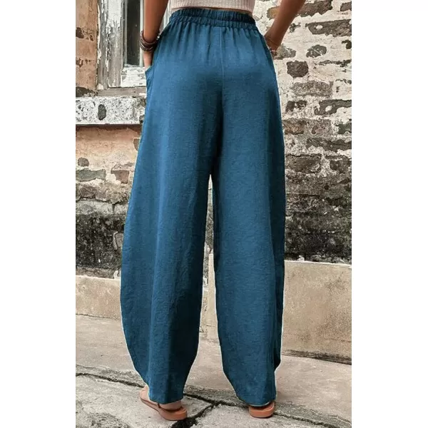 chouyatou Womens Casual Wide Leg Palazzo Cotton Linen Pants Fashion Elastic High Waist Harem PantsMalachite Blue