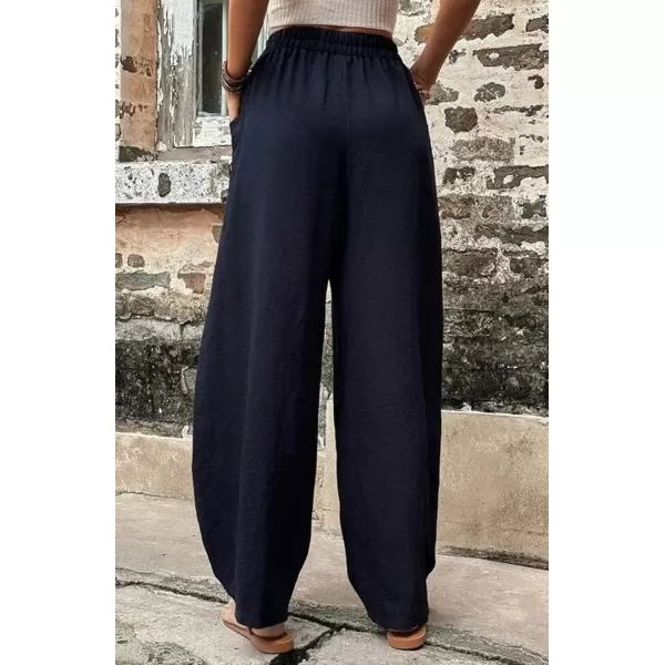 chouyatou Womens Casual Wide Leg Palazzo Cotton Linen Pants Fashion Elastic High Waist Harem PantsNavy Blue