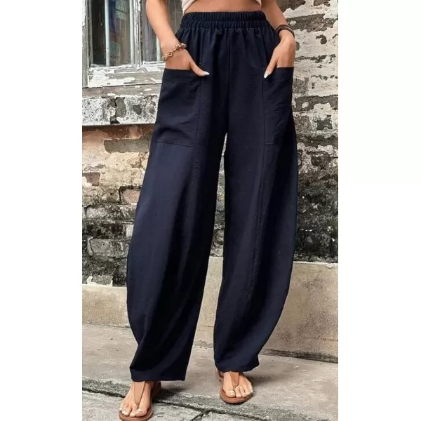chouyatou Womens Casual Wide Leg Palazzo Cotton Linen Pants Fashion Elastic High Waist Harem PantsNavy Blue