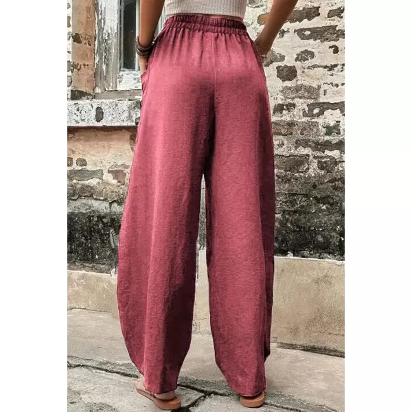 chouyatou Womens Casual Wide Leg Palazzo Cotton Linen Pants Fashion Elastic High Waist Harem PantsPink
