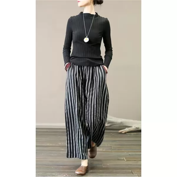 chouyatou Womens Elastic Waist Striped Cotton Linen Wide Leg Pants Summer Palazzo Beach PantsBlack