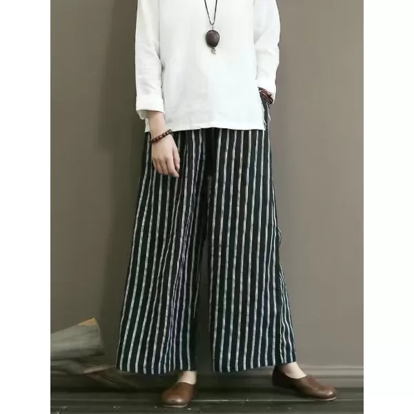 chouyatou Womens Elastic Waist Striped Cotton Linen Wide Leg Pants Summer Palazzo Beach PantsBlack