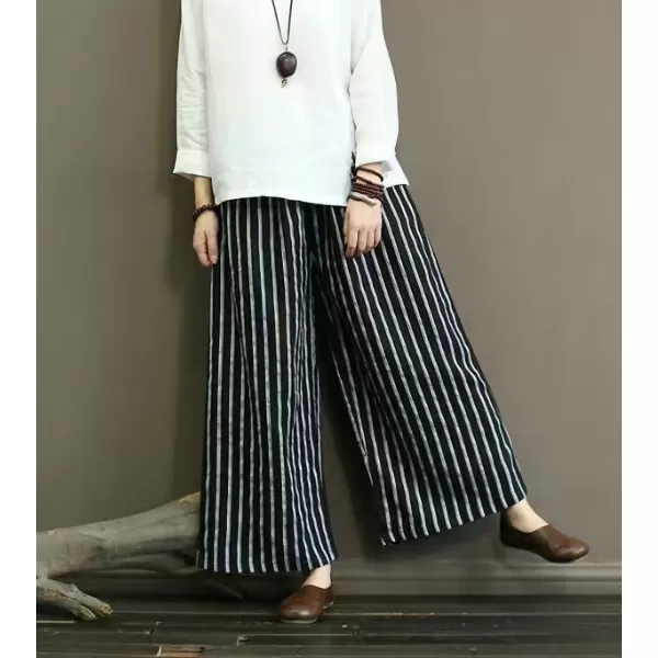 chouyatou Womens Elastic Waist Striped Cotton Linen Wide Leg Pants Summer Palazzo Beach PantsBlack