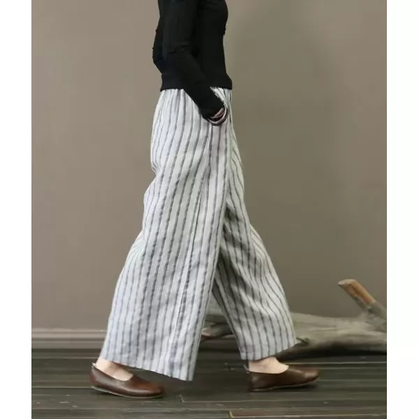 chouyatou Womens Elastic Waist Striped Cotton Linen Wide Leg Pants Summer Palazzo Beach PantsGrey