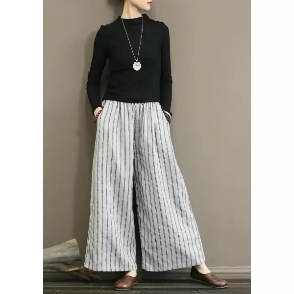 chouyatou Womens Elastic Waist Striped Cotton Linen Wide Leg Pants Summer Palazzo Beach PantsGrey