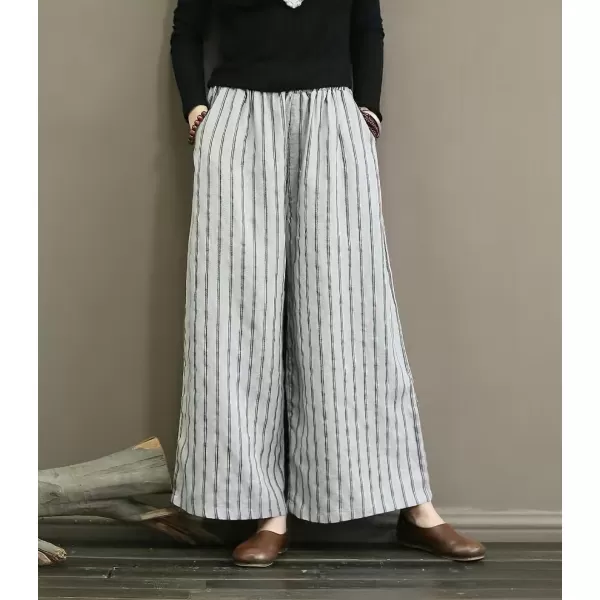 chouyatou Womens Elastic Waist Striped Cotton Linen Wide Leg Pants Summer Palazzo Beach PantsGrey