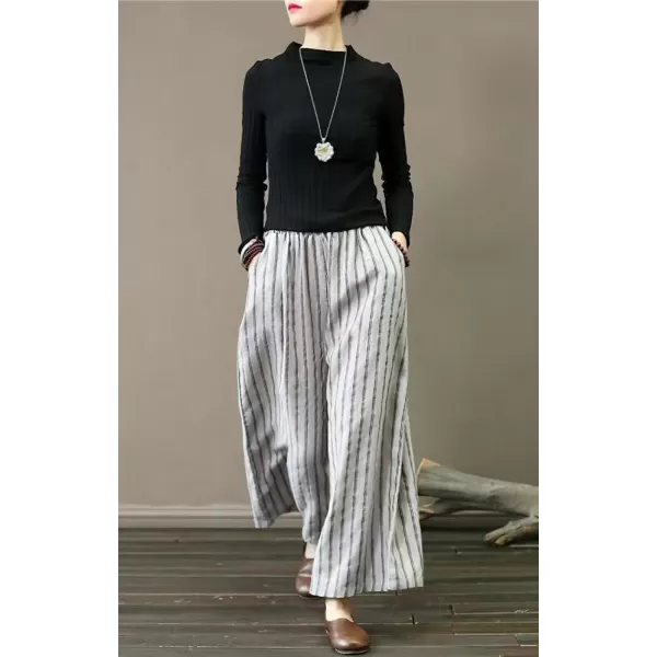 chouyatou Womens Elastic Waist Striped Cotton Linen Wide Leg Pants Summer Palazzo Beach PantsGrey
