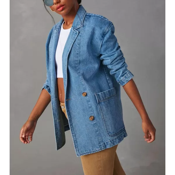 chouyatou Womens Fall Business Casual Denim Blazer Suit Loose Office Boyfriend Jean JacketBlue