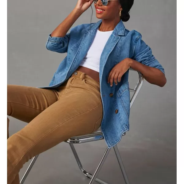 chouyatou Womens Fall Business Casual Denim Blazer Suit Loose Office Boyfriend Jean JacketBlue
