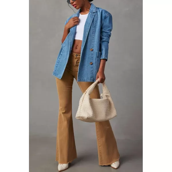chouyatou Womens Fall Business Casual Denim Blazer Suit Loose Office Boyfriend Jean JacketBlue