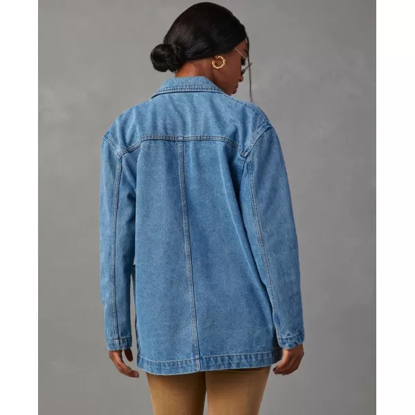 chouyatou Womens Fall Business Casual Denim Blazer Suit Loose Office Boyfriend Jean JacketBlue