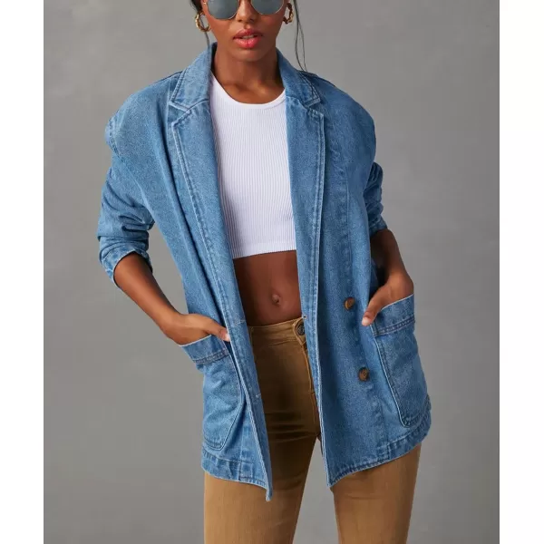 chouyatou Womens Fall Business Casual Denim Blazer Suit Loose Office Boyfriend Jean JacketBlue