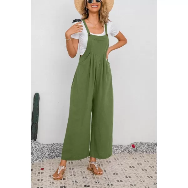 chouyatou Womens Summer Wide Leg Bib Linen Overalls Palazzo Pants Casual Linen JumpsuitsArmy Green