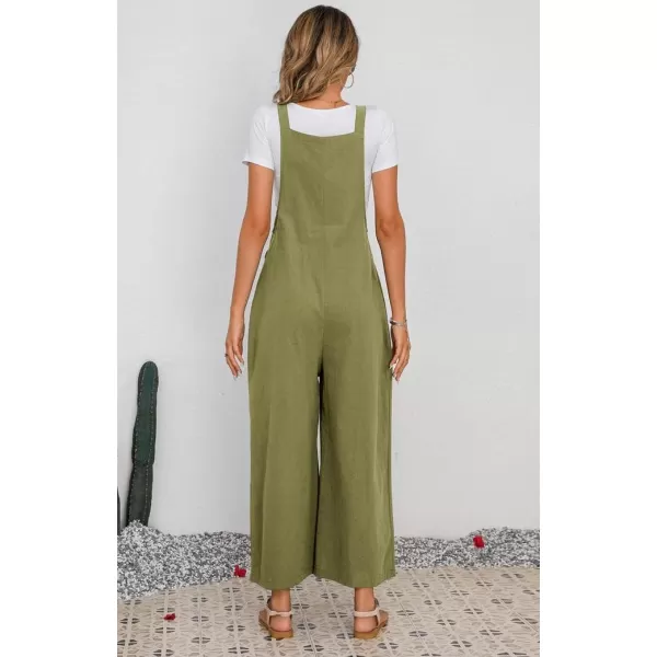 chouyatou Womens Summer Wide Leg Bib Linen Overalls Palazzo Pants Casual Linen JumpsuitsGreen