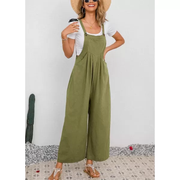 chouyatou Womens Summer Wide Leg Bib Linen Overalls Palazzo Pants Casual Linen JumpsuitsGreen