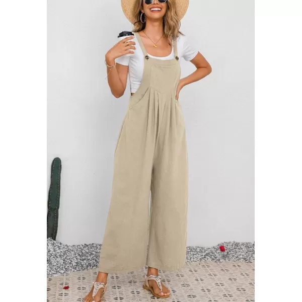 chouyatou Womens Summer Wide Leg Bib Linen Overalls Palazzo Pants Casual Linen JumpsuitsKhaki