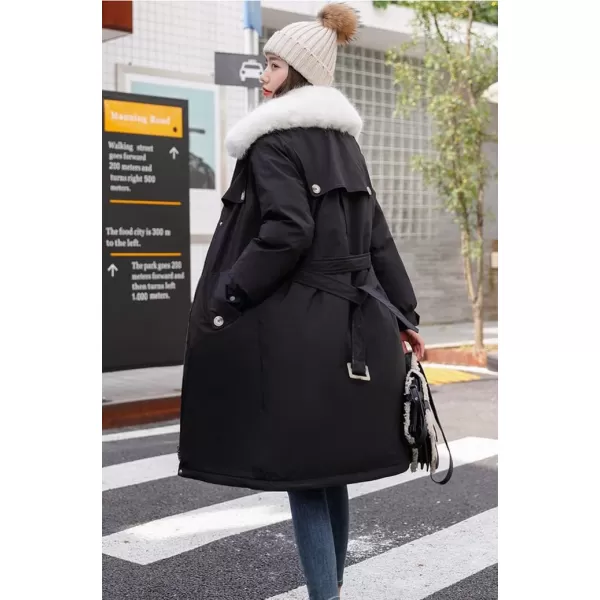 chouyatou Womens Thickened Faux Fur Collar Sherpa Lined Cotton Quilted Parka Coat JacketBlack