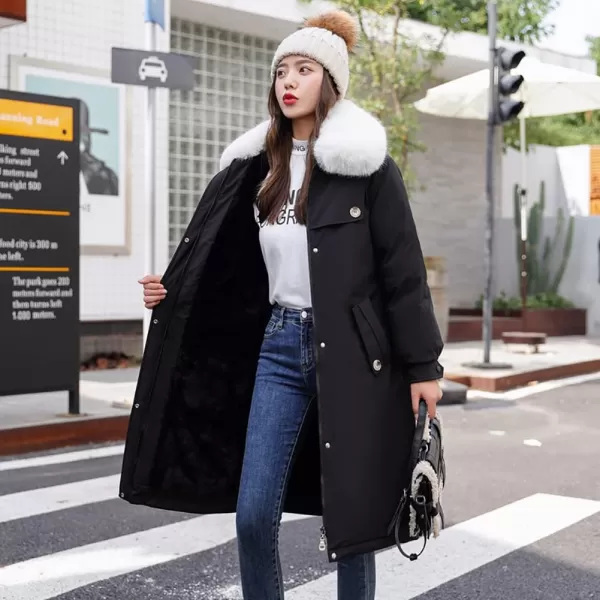 chouyatou Womens Thickened Faux Fur Collar Sherpa Lined Cotton Quilted Parka Coat JacketBlack