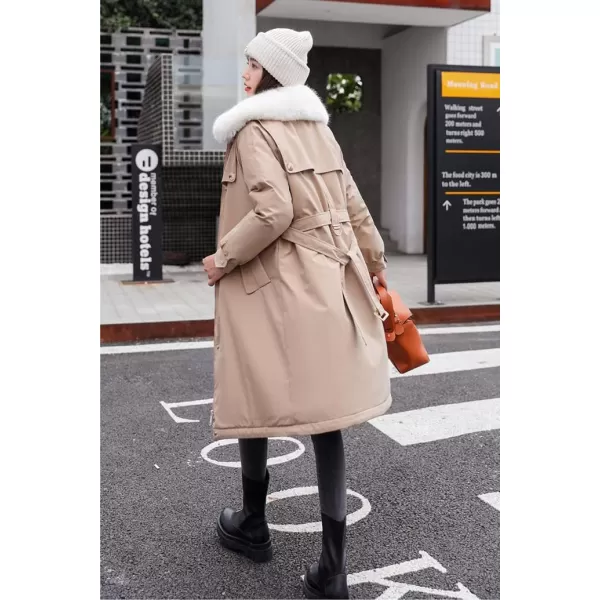 chouyatou Womens Thickened Faux Fur Collar Sherpa Lined Cotton Quilted Parka Coat JacketKhaki