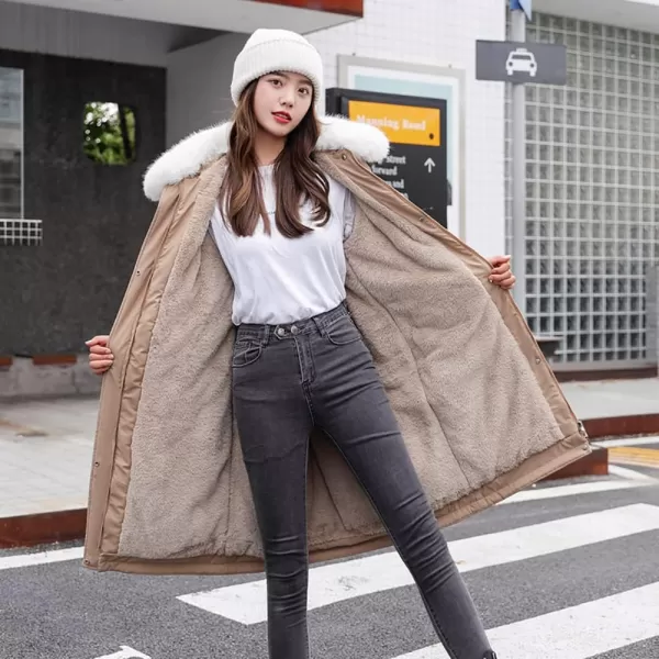 chouyatou Womens Thickened Faux Fur Collar Sherpa Lined Cotton Quilted Parka Coat JacketKhaki