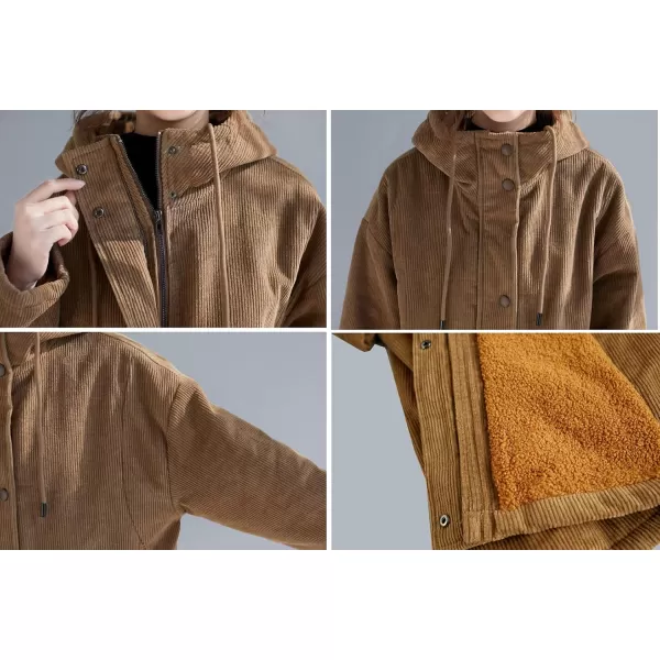 chouyatou Womens Winter Coats Sherpa Lined Hooded Midi Long Corduroy Jacket OvercoatBrown