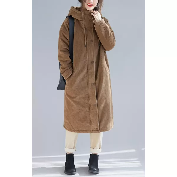 chouyatou Womens Winter Coats Sherpa Lined Hooded Midi Long Corduroy Jacket OvercoatBrown