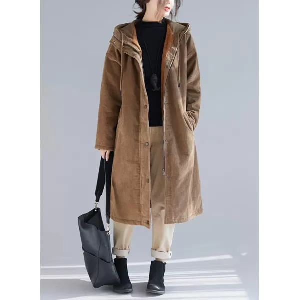 chouyatou Womens Winter Coats Sherpa Lined Hooded Midi Long Corduroy Jacket OvercoatBrown