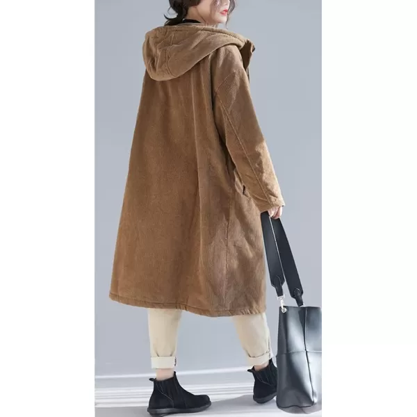 chouyatou Womens Winter Coats Sherpa Lined Hooded Midi Long Corduroy Jacket OvercoatBrown