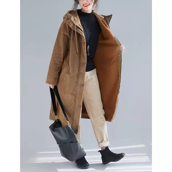 chouyatou Womens Winter Coats Sherpa Lined Hooded Midi Long Corduroy Jacket OvercoatBrown