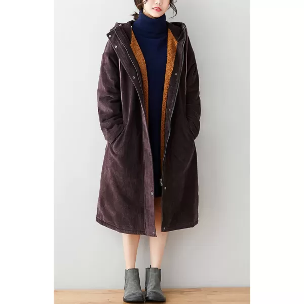 chouyatou Womens Winter Coats Sherpa Lined Hooded Midi Long Corduroy Jacket OvercoatPurplish Coffee